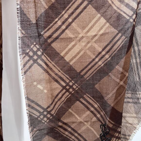 Vintage Lauren Ralph Lauren Brown Plaid Wool Scarf Rhinestone Crest - Picture 3 of 8